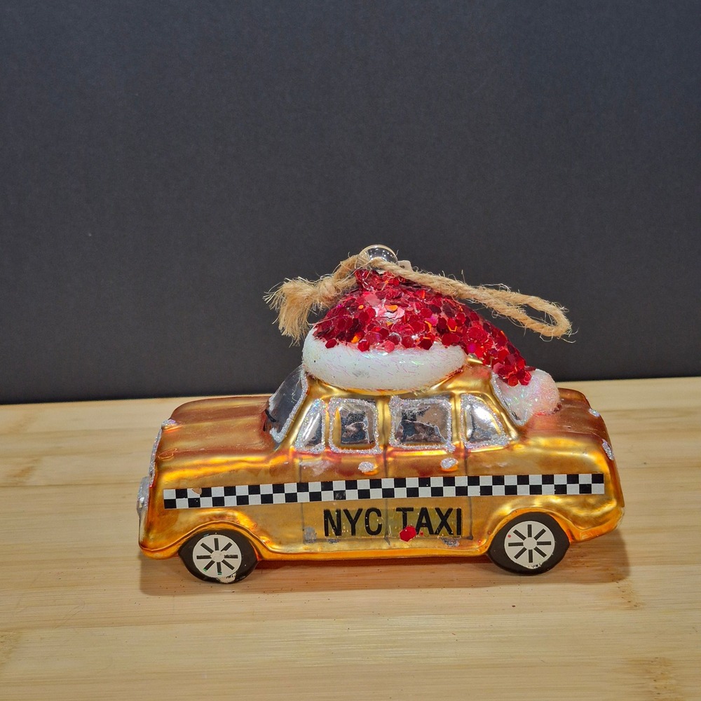 Pottery Barn NYC Taxi Cab Santa Hat Blown Glass Ornament Christmas Holiday